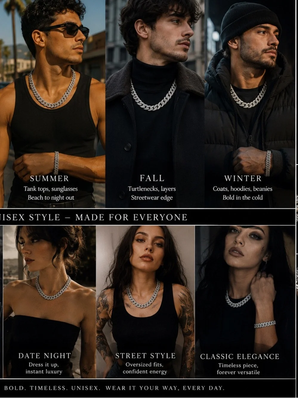 Silver Tone Pavé Cuban Link Necklace & Bracelet Set - Men Accessories unisex